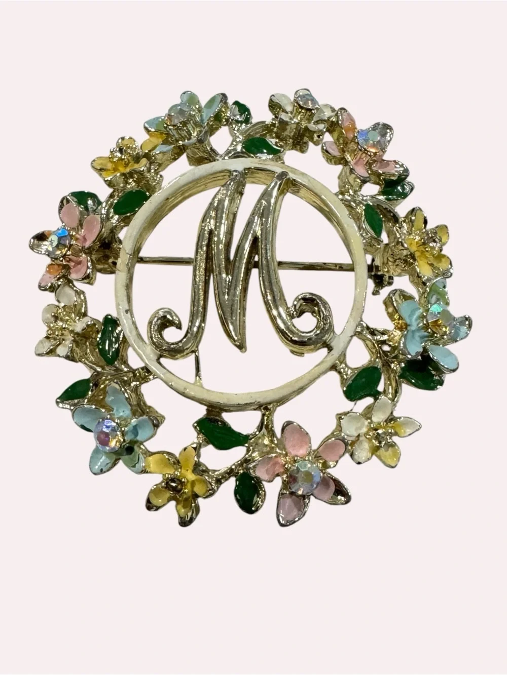 Vintage Floral Monogram “M” Brooch Gold Tone Pastel Rhinestone Wreath Pin